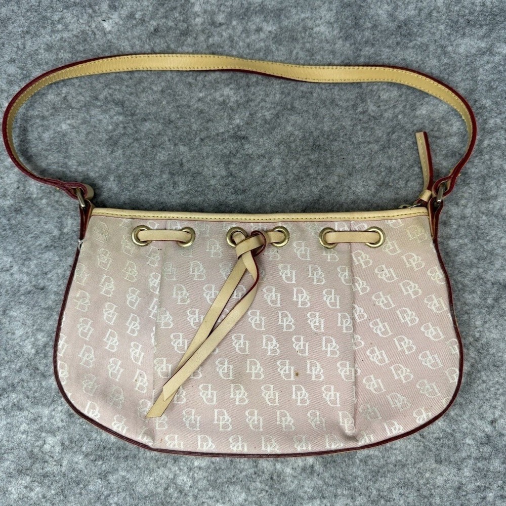 Vtg Dooney & Bourke Aubergine Mini Handbag Pink Signature Tassel Leather Trim